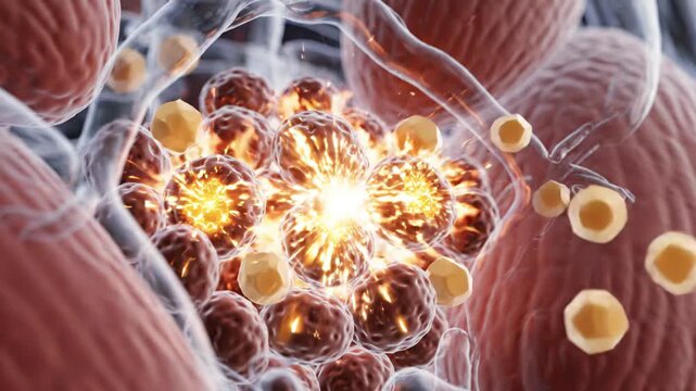 Microscopic view of cellular biology and internal biological processes in glowing cells
