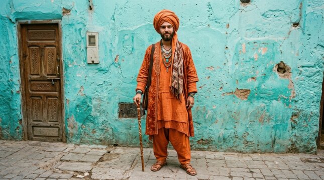 Fashionable man in layered orange clothing and matching turban standing against a weathered turquoise wall, vibrant editorial photography, saturated orange-cyan complementary palette, full-body
