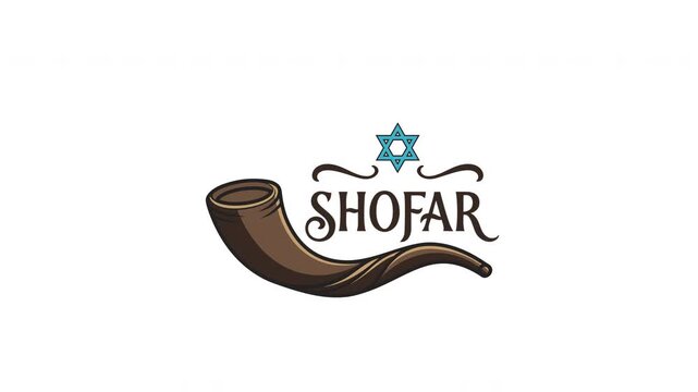 Shofar Jewish Religious Symbol with Star of David and Decorative Hebrew Style Typography