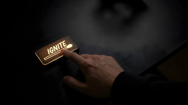 A hand pressing an illuminated button labeled ignite on a dark surface