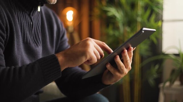 Remote work and digital lifestyle, man using tablet computer for online communication and browsing, handheld close-up shot in a cozy home office environment