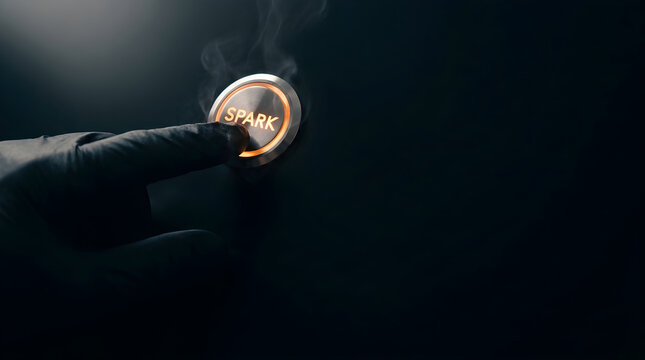 Gloved finger pressing a glowing ignition button in the dark