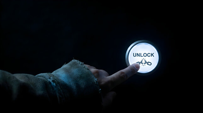 A hand pressing an illuminated unlock button against a dark background