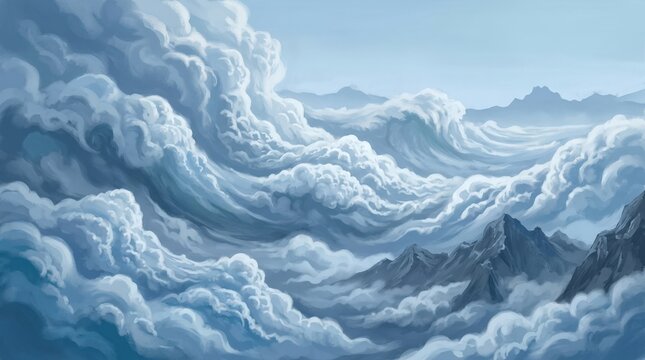 Surreal cloud formations resembling thick rolling blue foam, dramatic digital landscape illustration, powder blue, white and slate tones, highly detailed billowing texture, soft atmospheric light and