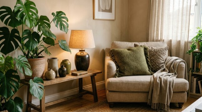 Cozy interior corner with sculptural lamp, leafy houseplant, ceramic vases and textured cushions, intimate home d&eacute;cor photography, beige, olive and dark bronze palette, warm side light, tactile
