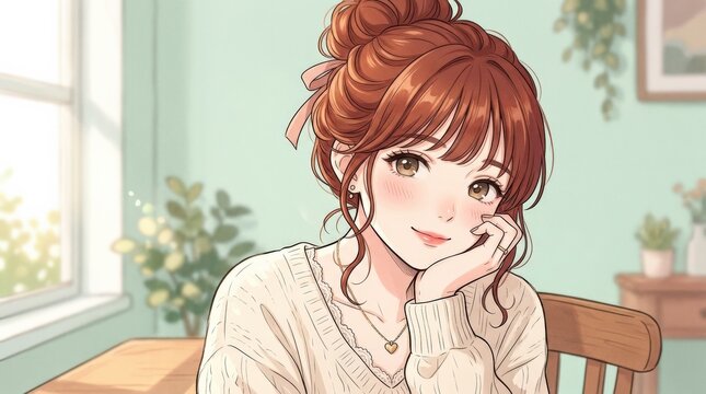 Anime-inspired young woman with auburn hair in a loose high bun, resting her head on one hand against a pale mint background, soft cel-shaded portrait, large expressive eyes, blush-pink details,