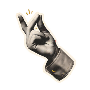 Halftone hand snapping fingers sticker in vintage suit sleeve illustration style for creative zine design layouts