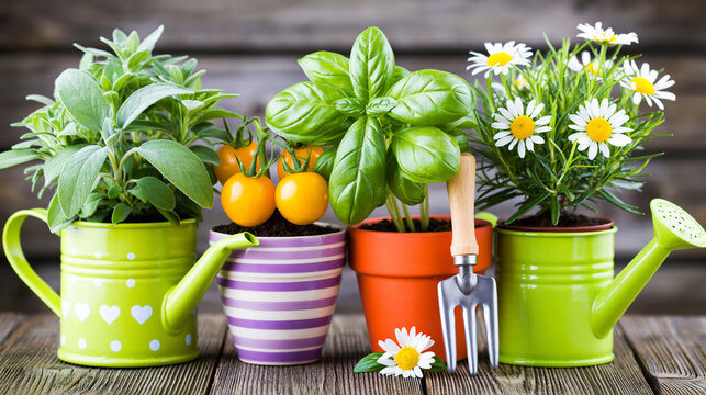 Fresh herbs garden flowers and vegetables planted in colorful watering cans green basil