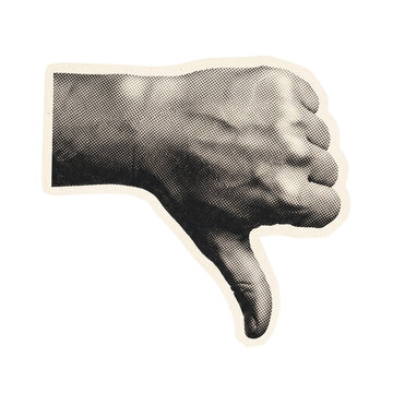 Simple thumbs down gesture vintage halftone texture isolated on transparent background for negative reaction design themes