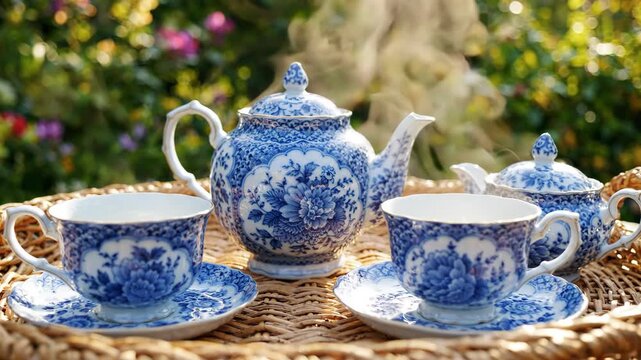 Elegant blue and white porcelain tea set with steaming tea on a wicker tray in a sunny garden.