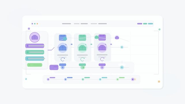 Dynamic interface animation showing data visualization charts and workflow management steps in motion video clip