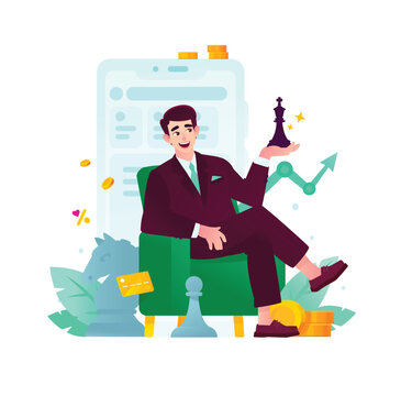 WebBusinessman sitting in armchair holding chess king for financial strategy vector illustration. Smart investment planning, stock analytics, wealth, and banking concept.