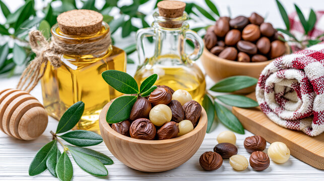 Natural cosmetic oils and macadamia nuts in wooden bowls on white table with cosmetic oil