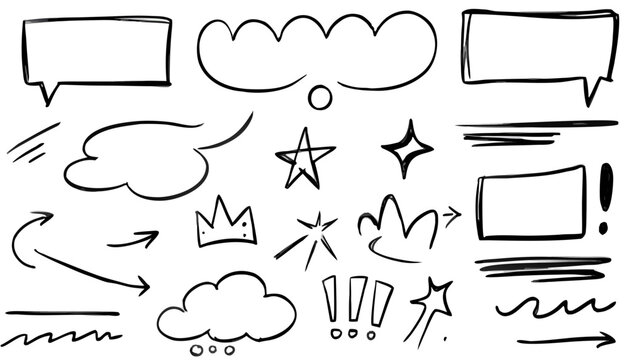 A collection of black ink sketch elements including speech bubbles and arrows rests on a white background callouts cartoons chalkboard cloud comic crown