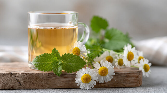 Glass cup of herbal tea with fresh chamomile flowers and mint leaves hot drink infusion
