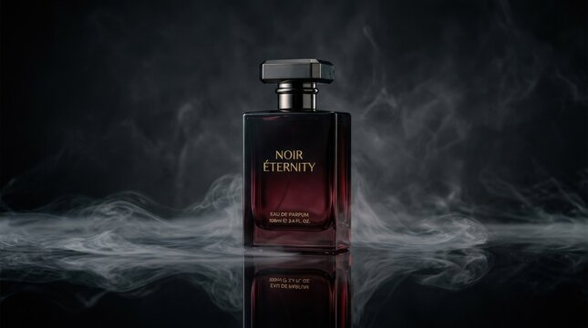 Dark rectangular perfume bottle standing on a reflective surface surrounded by low smoky mist, luxury fragrance product photography, black and deep burgundy glass, charcoal background, controlled