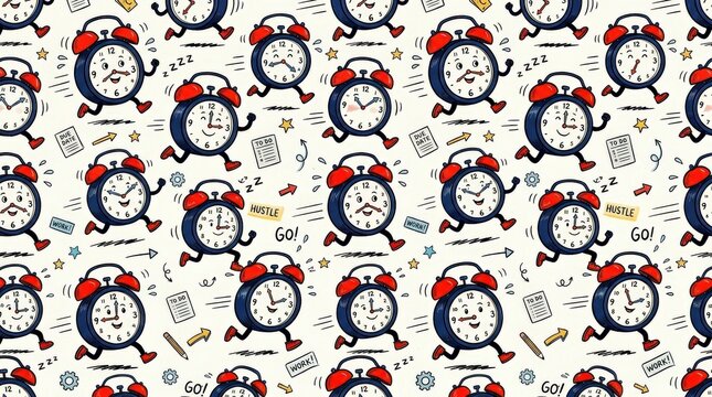 Seamless pattern of animated alarm clocks running on tiny legs, playful hand-drawn illustration, white background, navy blue clock bodies with bright red bells, expressive clock faces, black outlines