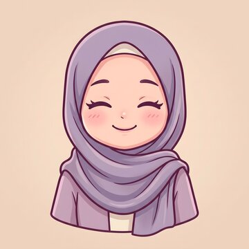 Smiling muslim girl wearing a hijab illustration in a cute cartoon style with a light background