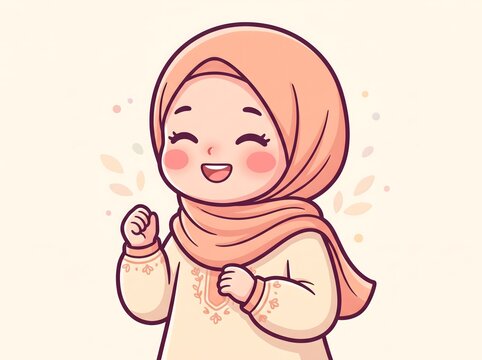 Happy muslim girl celebrating success with raised fist vector illustration with floral details