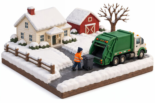A sanitation worker collects a wheeled garbage bin beside a snowy farmhouse and barn in a clay miniature scene.