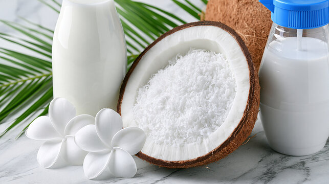 Fresh coconut milk in glass bottles with opened coconut and tropical flowers