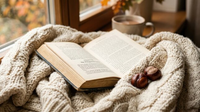 Open book and two chestnuts resting within folds of a chunky cream knitted blanket, cozy autumn still-life photography, warm beige and chestnut-brown palette, tactile wool texture, soft diffused