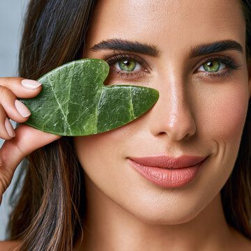 Woman holding a green jade gua sha stone tool over her eye with self care