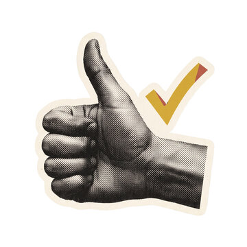 Thumbs up hand sign with yellow check mark vintage halftone print effect for positive feedback and success design projects