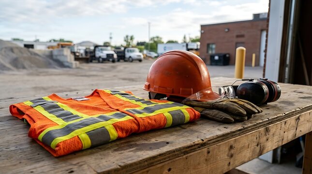 Essential personal protective equipment (PPE) for safety hard hat, reflective vest, gloves on wooden table at a construction site