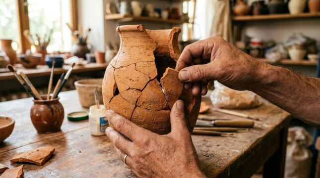 Hands carefully repairing a dramatically cracked terracotta vase by positioning a broken clay fragment along the split, close-up restoration photography, earthy orange-brown pottery, realistic fingers