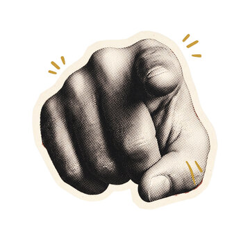 Pointing hand gesture sticker in vintage halftone style with yellow motion marks for emphasis recruitment and direct messaging.