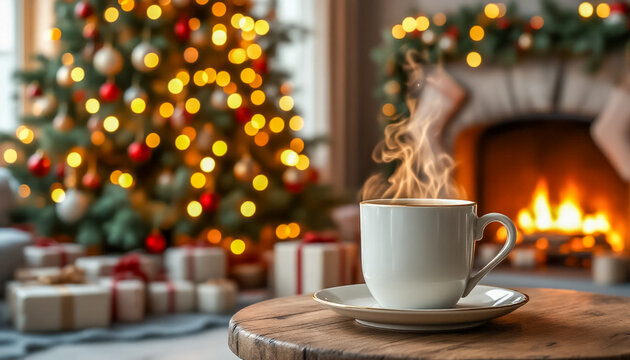 Warm Coffee on a Wooden Table Near a Fireplace Decorated for Christmas