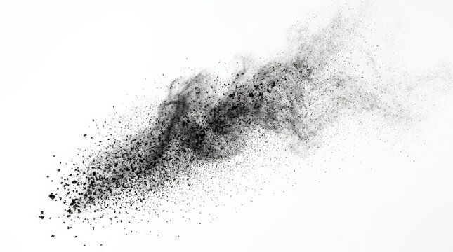 Cloud of fine black particles dispersing across a clean white background, conceptual macro photography, charcoal dust forming a soft organic gradient, high-key lighting, minimalist composition, themes