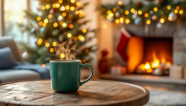 Cozy Setting With Hot Drink and Decorated Christmas Tree by the Fireplace