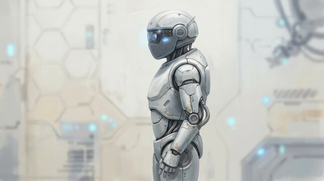 Friendly humanoid robot shown in profile against a pale textured background, semi-realistic digital painting with white and gray mechanical shell, dark facial sensors, subtle weathering and futuristic