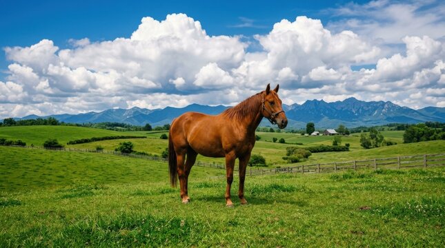 Chestnut horse standing calmly in a sunlit emerald pasture of smooth rolling hills, photorealistic rural lifestyle photography, giant cottony white clouds and distant mountains, warm brown coat
