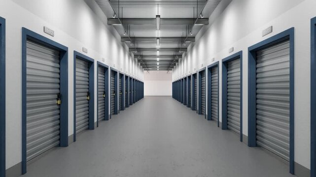 Realistic 3D Rendering Animation Moving Forward Along the Corridor of a Modern Self Storage Facility with Secure grey Roll-Up Doors and Clean Interior Design