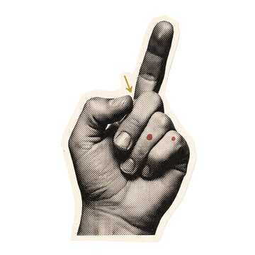 Vintage collage sticker showing pointed index finger up gesture with golden arrow pointing down for creative poster design