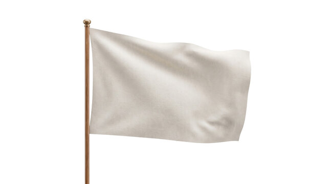 Blank white flag on wooden pole, waving fabric banner mockup, neutral textile signal for surrender and peace, isolated minimalist flag template