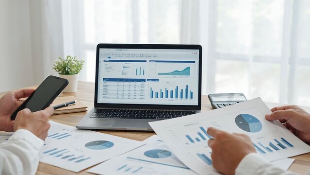 Business professionals analyzing financial reports with charts and graphs on a laptop during a meeting