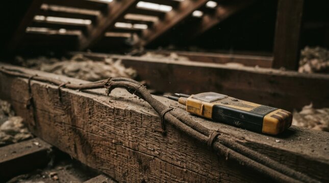 Old cloth-insulated electrical wiring running across wooden attic joists beside a voltage tester, highlighting outdated home wiring and safety inspection.