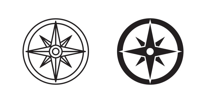 Compass rose vector icon set in line art and solid flat style for navigation, travel, and orientation
