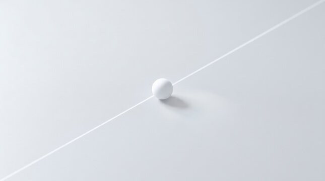 Tiny white ball resting on a pale gray minimalist surface crossed by a thin diagonal white line, abstract conceptual still life, soft black drop shadow, high-key monochrome palette, spacious