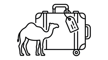 Desert Journey: A stylized illustration depicts a camel standing beside a vintage suitcase, evoking themes of adventure and travel to arid destinations. © MahfujaSultana
