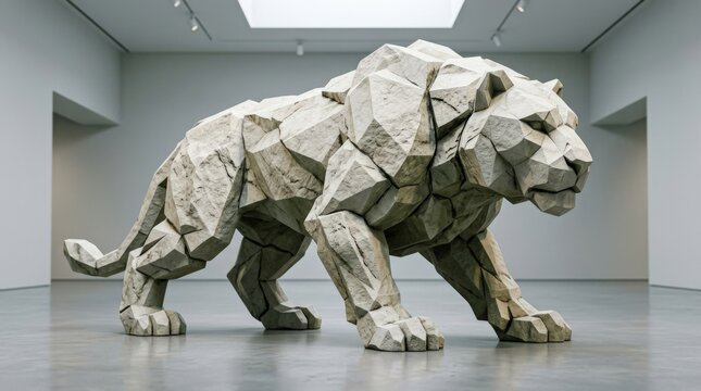 Massive low-poly stone quadruped sculpture standing on a minimal light gray floor, premium 3D concept art, faceted off-white rock plates with muted olive shadows and dark crevices, powerful crouched