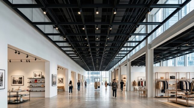 Large contemporary gallery or retail interior with an exposed black ceiling grid and rows of track lights, premium architectural photography, bright white walls, strong linear perspective,