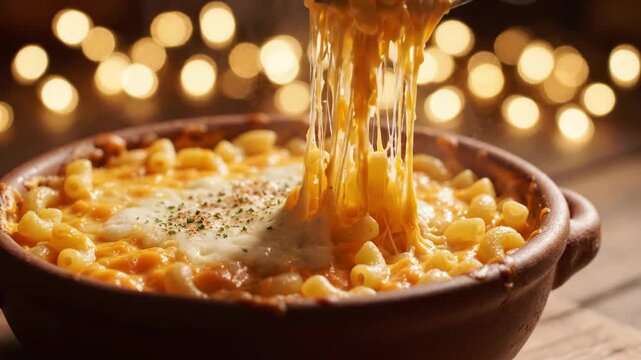 Gooey, cheesy macaroni and cheese being served from a rustic bowl with warm bokeh lights.