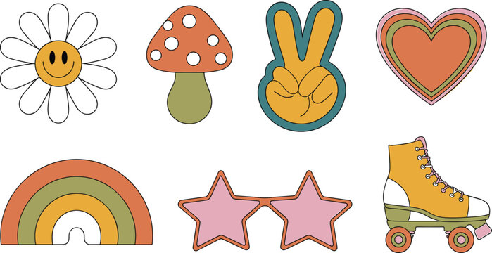 Retro Groovy Seventies Hippie Style Vector Icon Set Featuring Smiley Daisy Flower, Mushroom, Peace Sign Hand, Heart, Rainbow, Glasses, and Roller Skate