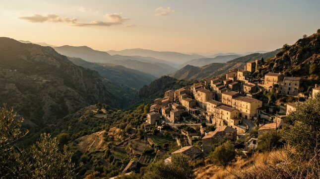 Hillside village cascading across rugged mountains at golden hour, cinematic travel photography, warm honey sunlight illuminating stone buildings and vegetation, layered hazy ridges, muted olive and