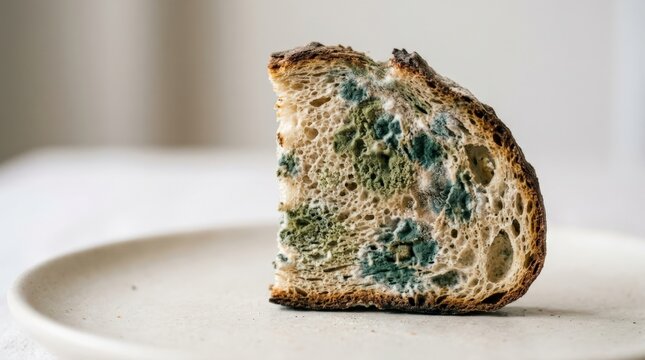 Single slice of moldy bread standing upright on a pale surface, food waste photography, green-blue mold patches across beige crumb, crisp macro texture, minimal background, soft studio light and